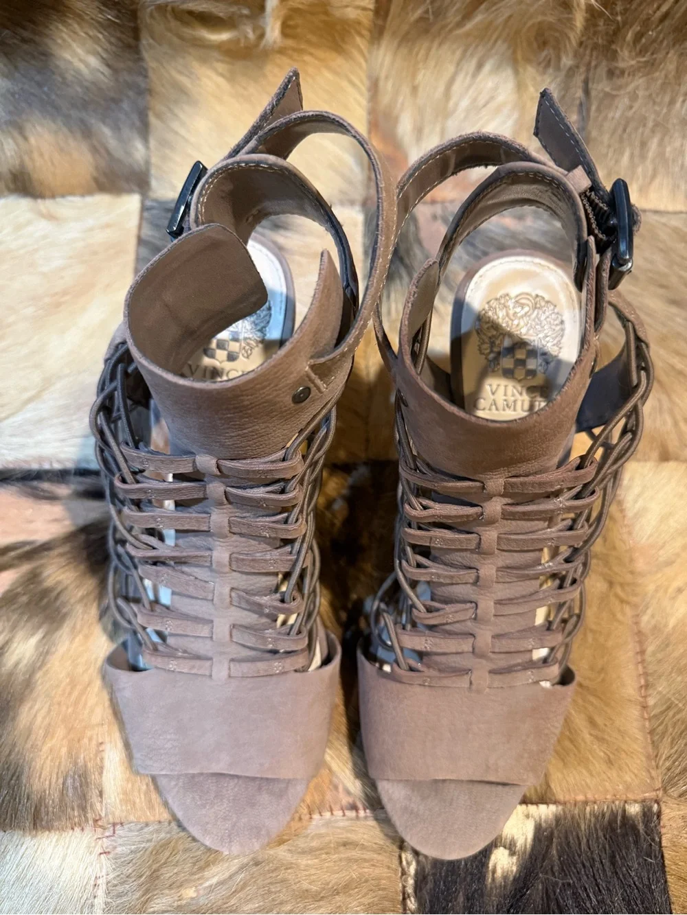Vince Camuto Taupe Lace-Up Caged Open-Toe Heels